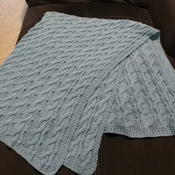 Vintage Hand Knit Blanket Crochet Cable Knit Blanket Large 61"×57" Blue Handmade - Picture 8 of 16